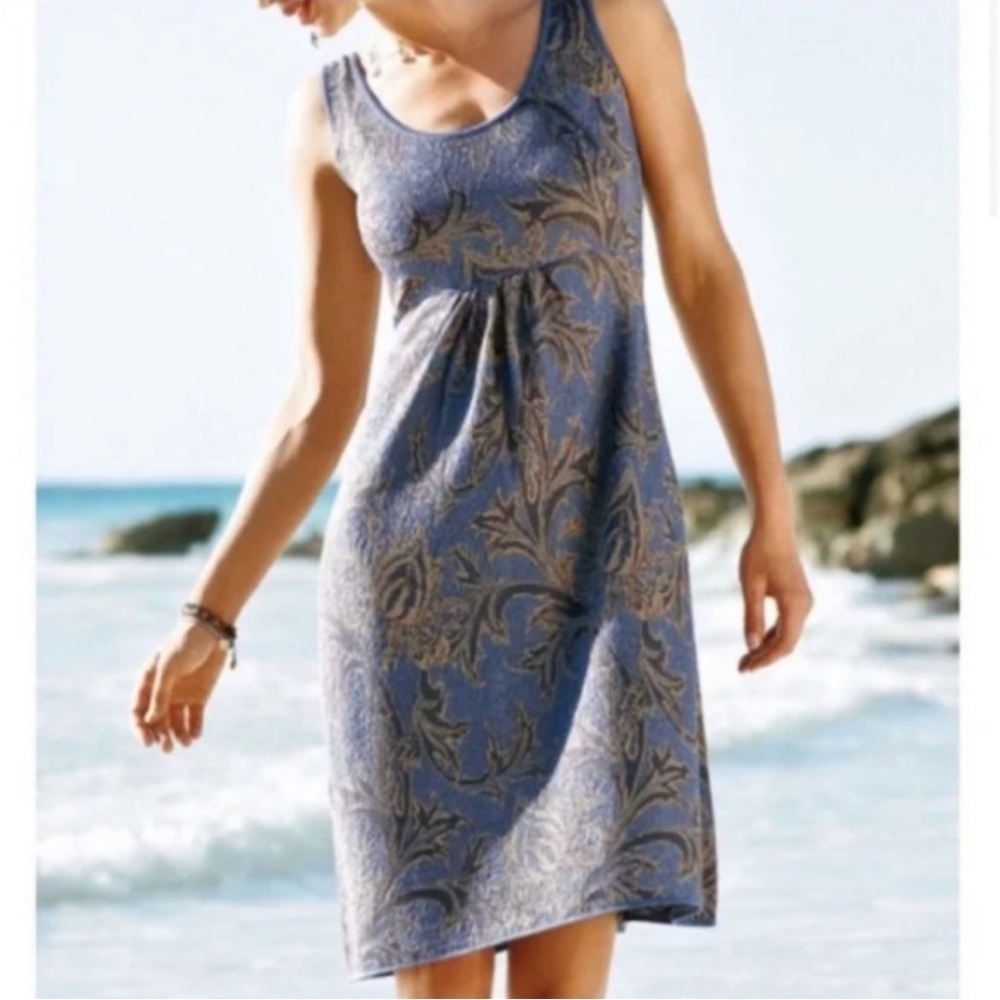 Peruvian Connection Al Fresco Pinafore Pima Cotton Tank Dress Blue Tan Sz M NEW